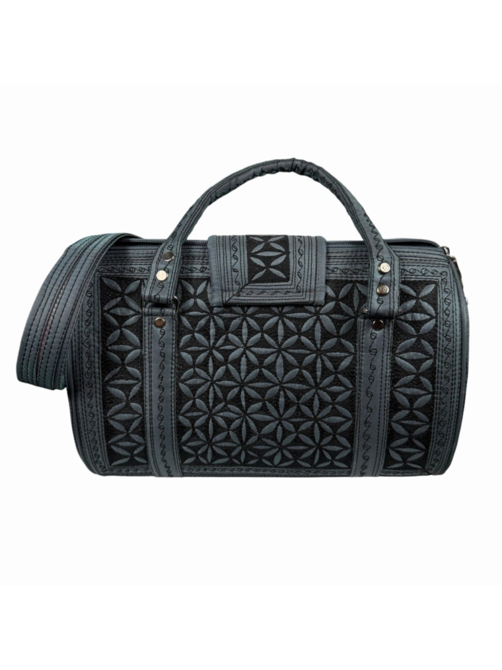 Banda Bags Hitam Large Barrel Purse Gray Blue Floral Shoulder Adjustable Strap - Picture 3 of 10
